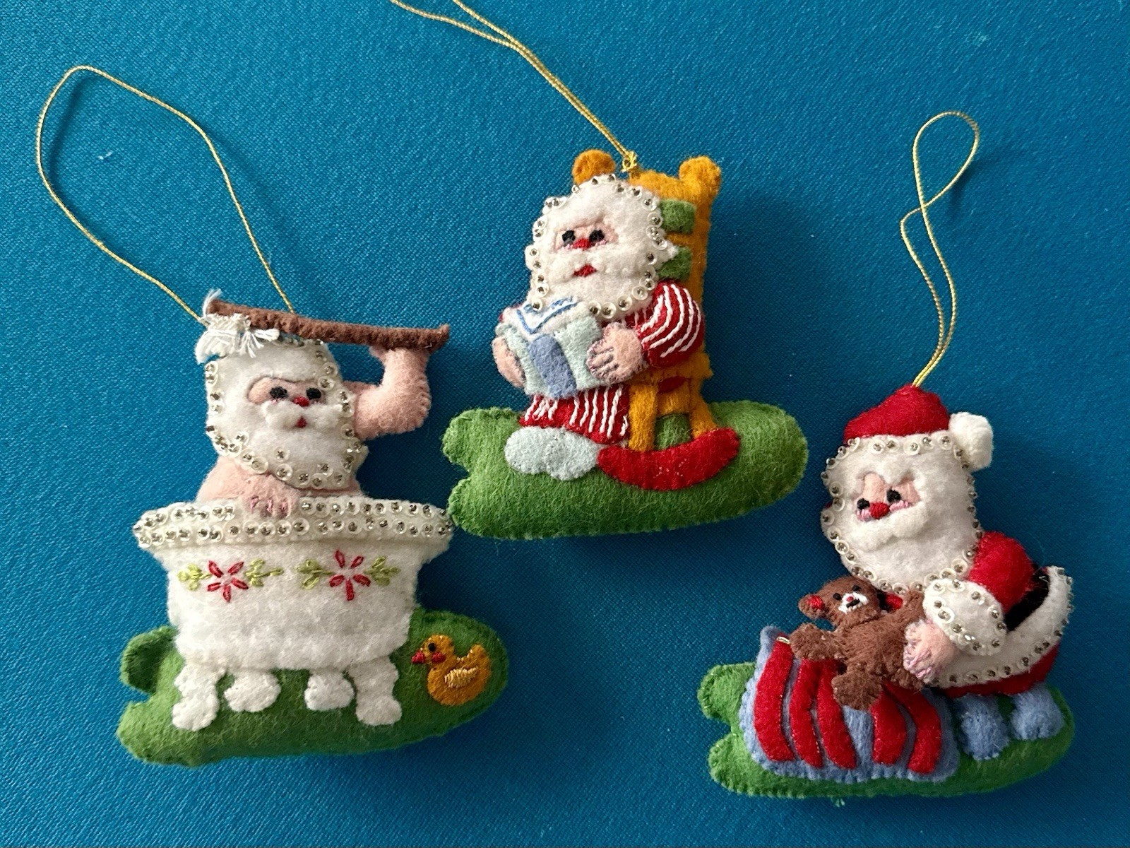 Vintage Bucilla Set/3 Jeweled Felt SANTA Handmade Christmas Holiday Ornaments Vintage Bucilla Set/3 Jeweled Felt SANTA Handmade Christmas Holiday Ornaments