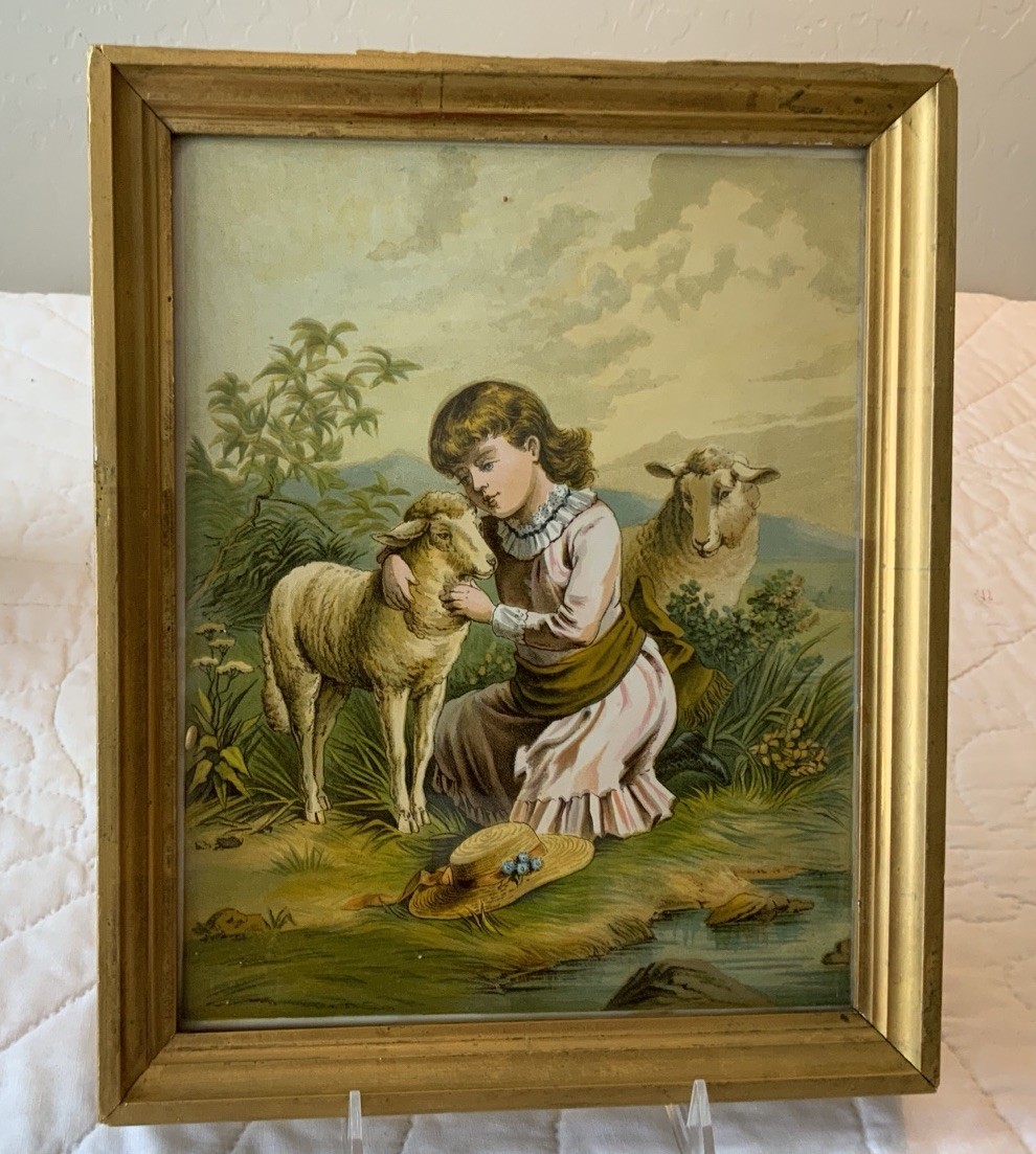 Antique Victorian Ephemera Framed, Sheep, Girl, Hat, Early Antique Wood Frame Antique Victorian Ephemera Framed, Sheep, Girl, Hat, Early Antique Wood Frame
