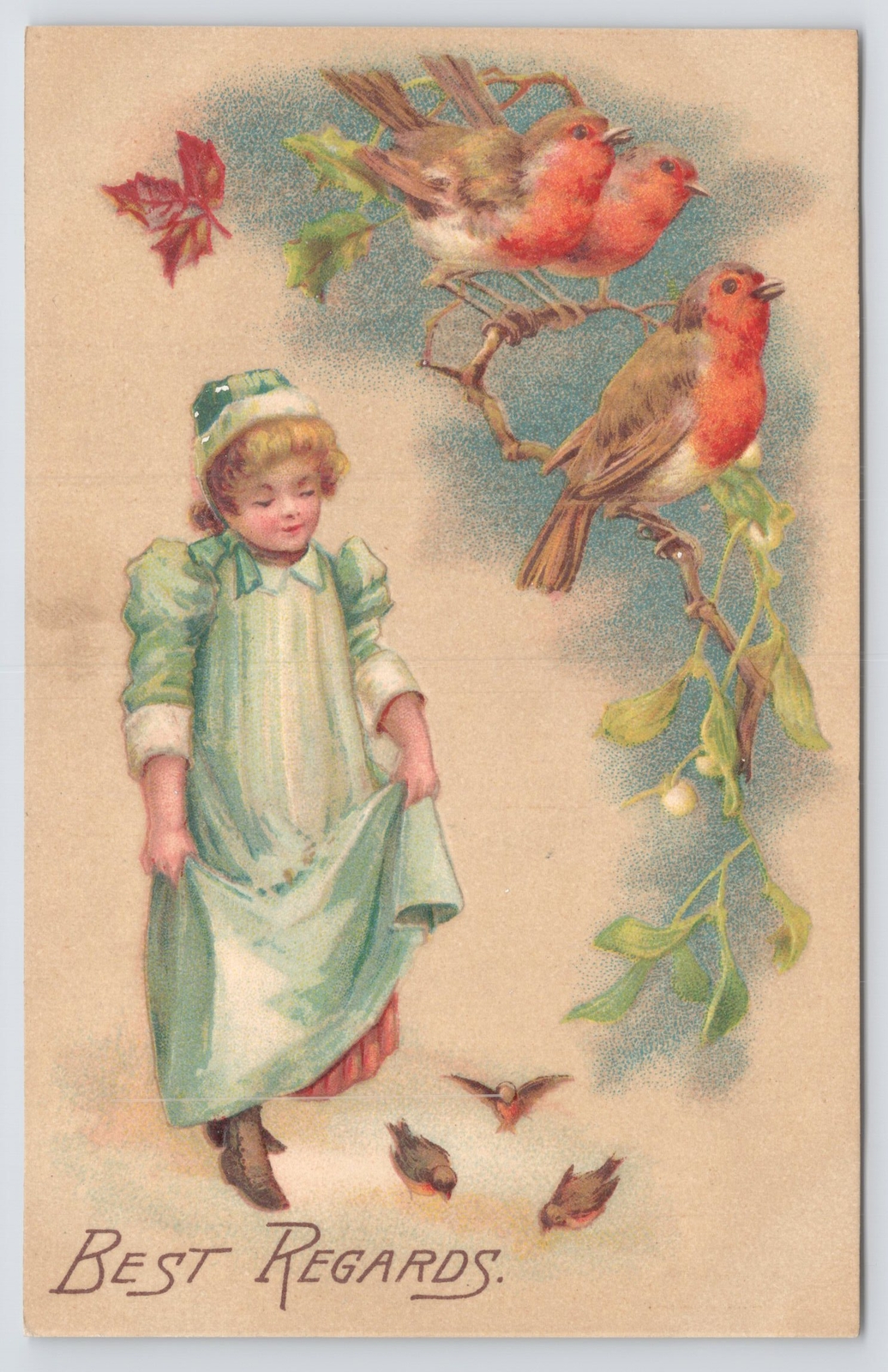 Greetings~Best Regards~Girl Watches Birds on Ground-in Tree~c1910 Postcard