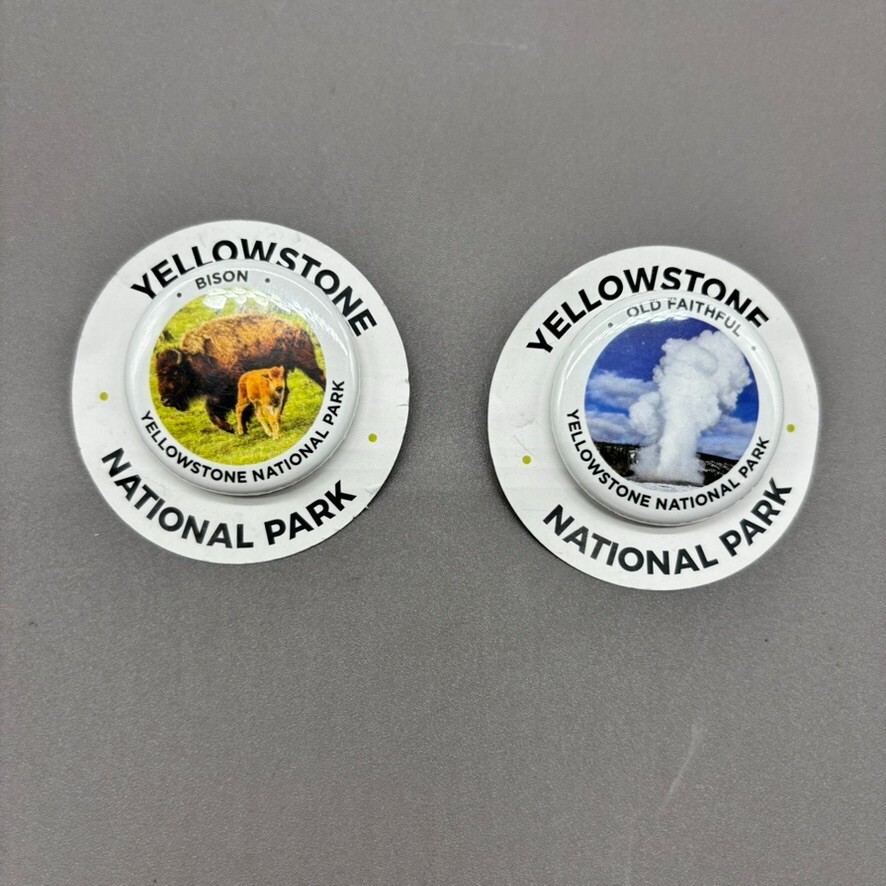 Yellowstone National Park Pin-Back Buttons Lot Bison Old Faithful Set on Card