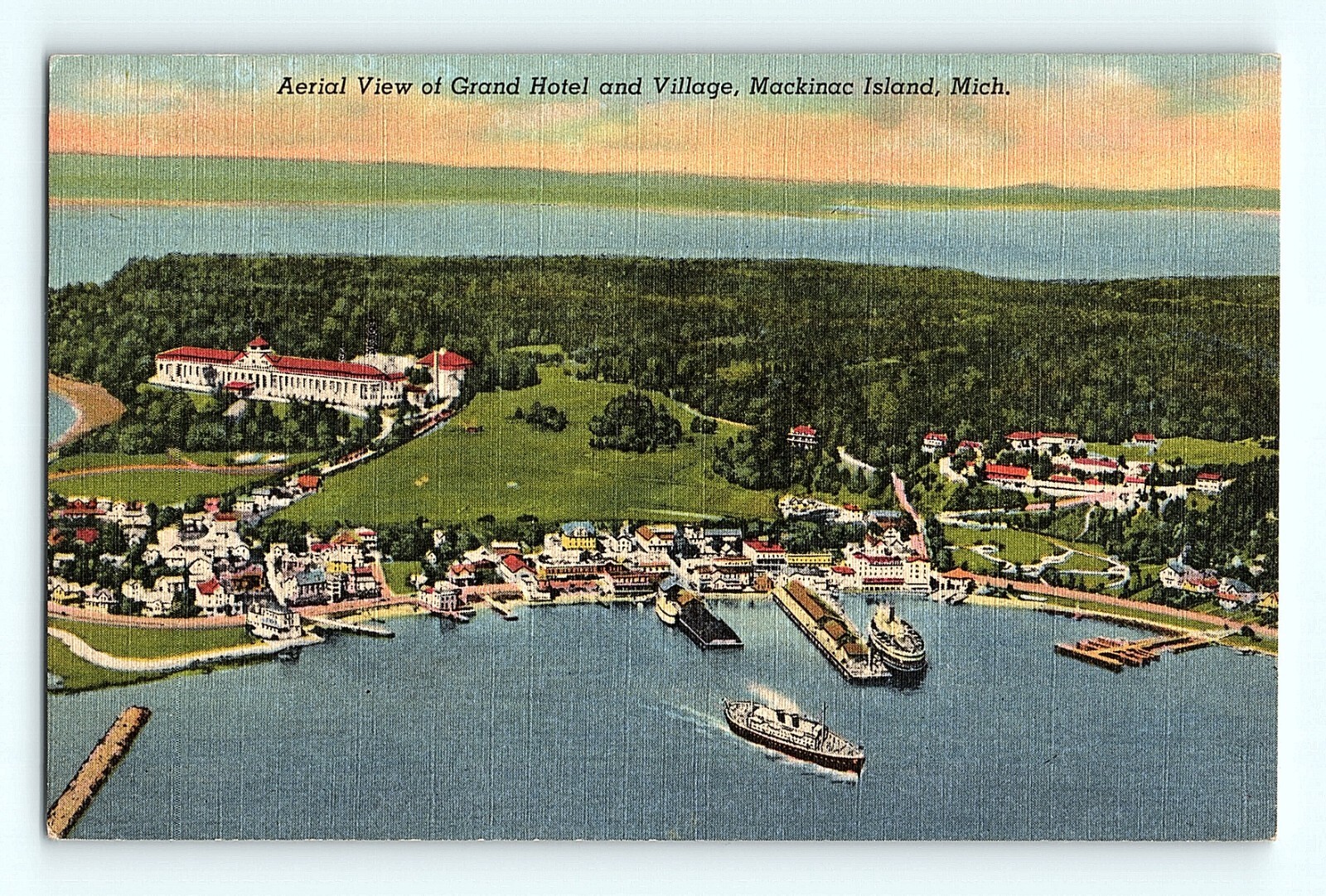 Grand Hotel & Village Mackinac Island Michigan Aerial View Linen Postcard G2 Grand Hotel & Village Mackinac Island Michigan Aerial View Linen Postcard G2