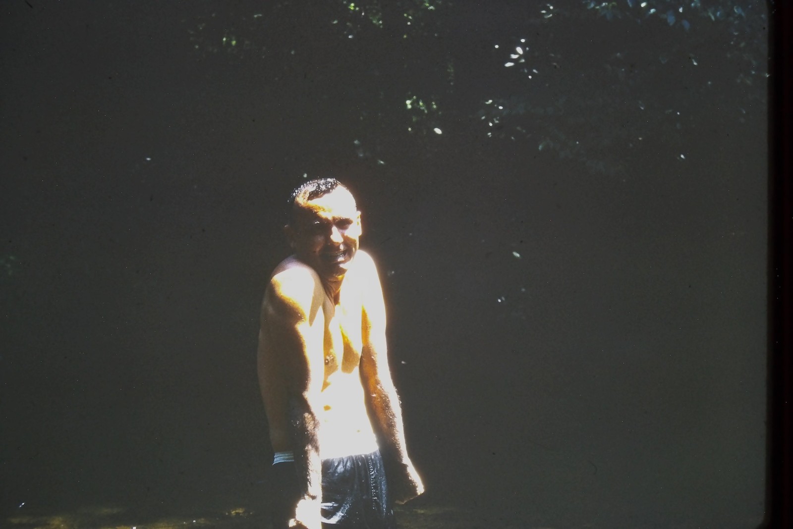 c1970's Kodachrome 35mm Slide, Man Swimming Dark Water Outdoors summer mid
