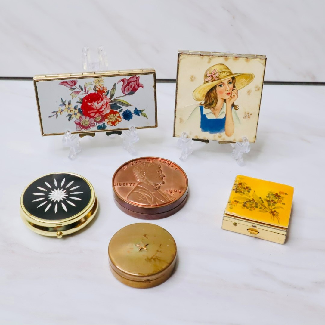 6 Pc Vintage Mixed Vanity Lot Macy's Compact Avon Lip Gloss Pill Boxes Ashtray