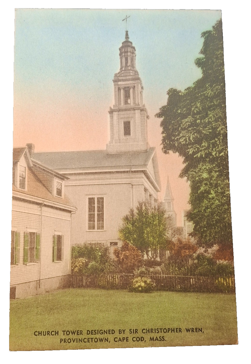Provincetown Cape Cod Church Tower Hand Colored 1940s Postcard