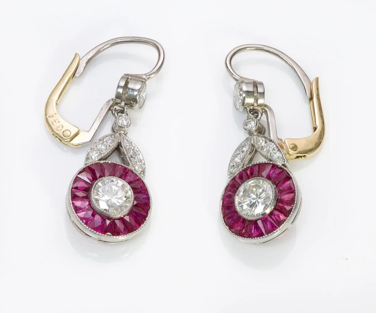 Art Deco Vintage Round Lab Created Diamond Ruby Halo 14K White Gold FN Earrings