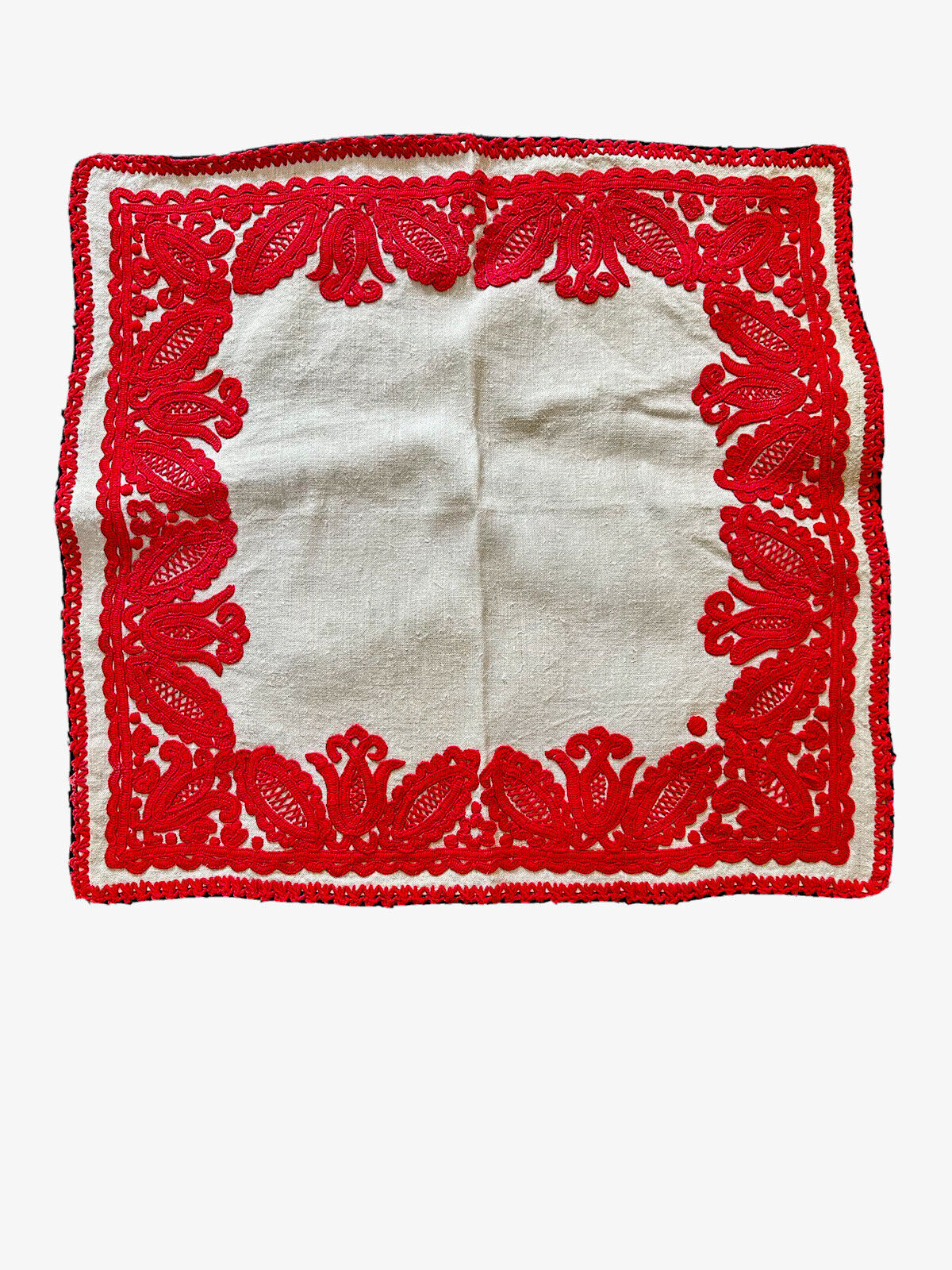 Vintage Densely Embroidered Table Mat Handmade Sweden 23” Red & White Christmas