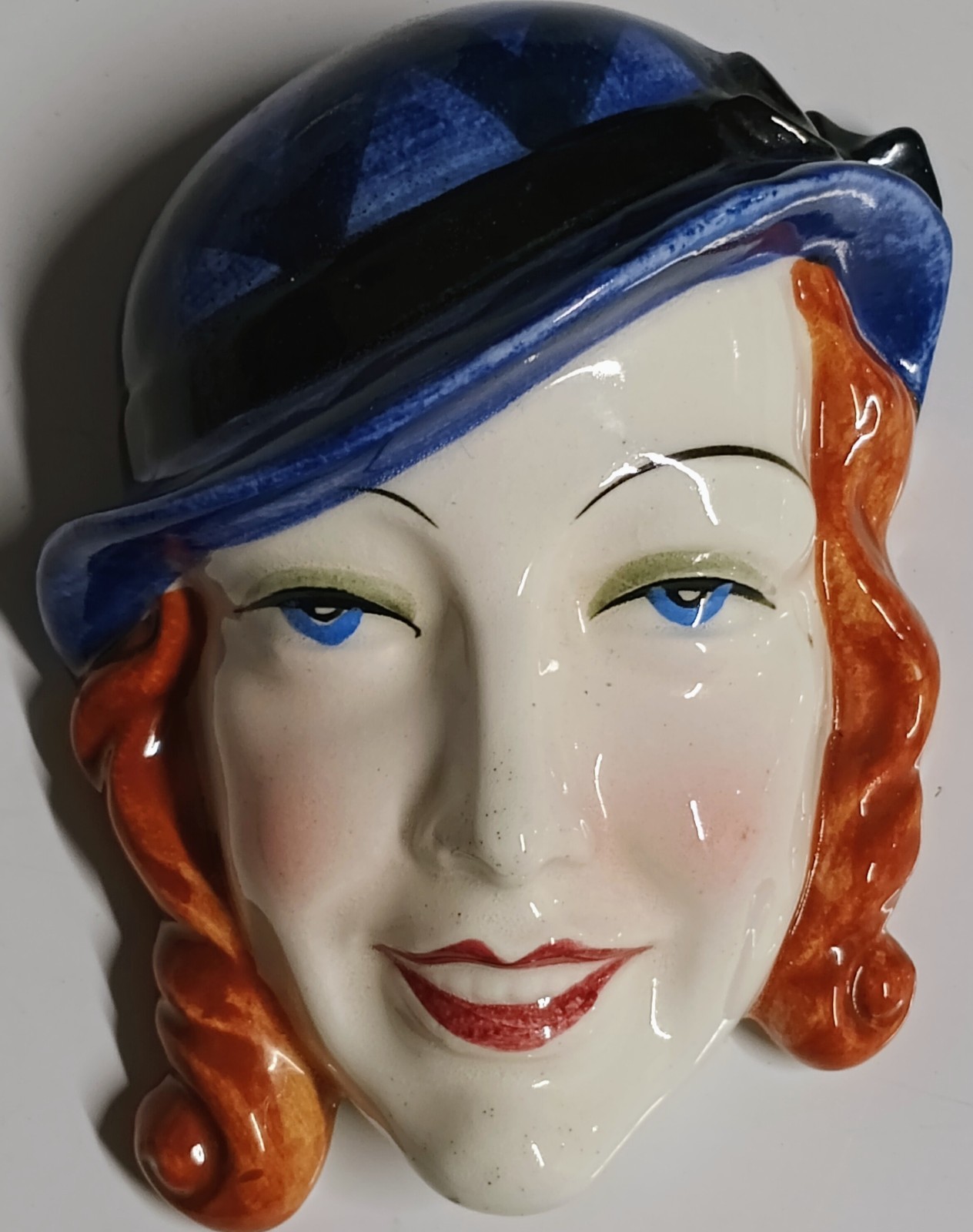 Vtg Art Deco Lady Face Wall Mask Plaque Porcelain Redhead Blue Hat Japan 5x5 Vtg Art Deco Lady Face Wall Mask Plaque Porcelain Redhead Blue Hat Japan 5x5