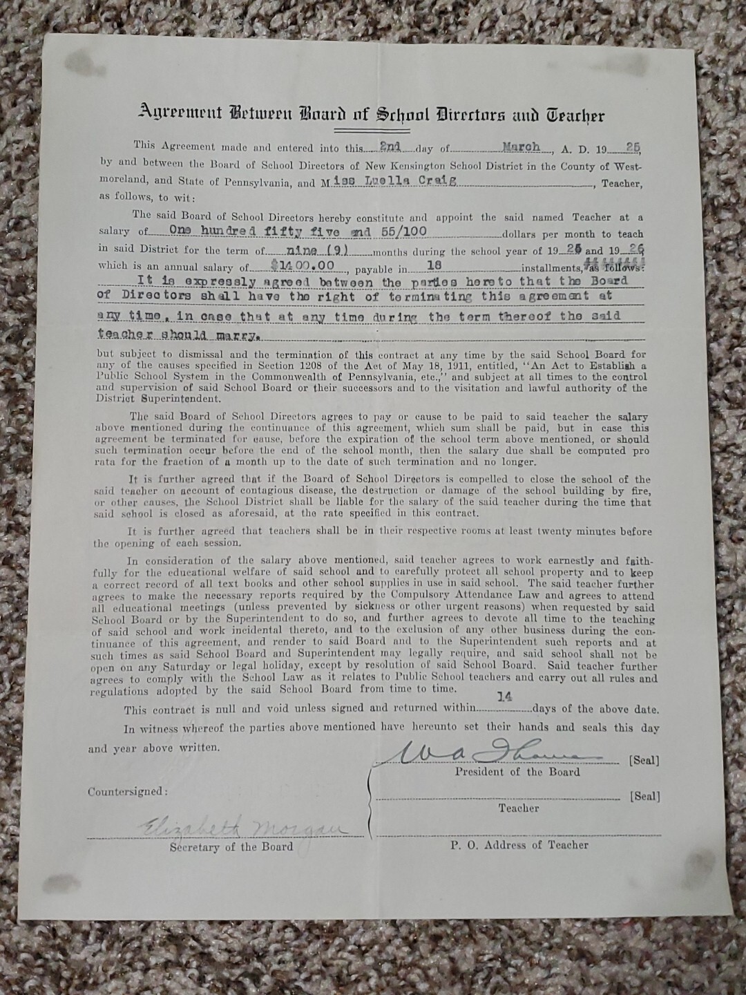 1925 New Kensington District School Teachers Contract Westmoreland PA Ephemera 1925 New Kensington District School Teachers Contract Westmoreland PA Ephemera