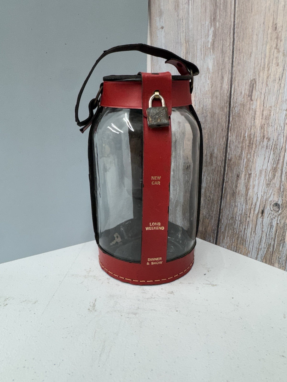 Large Vintage Glass Coin Bank Red Leather Savings Jar With Lock & Key Made USA Large Vintage Glass Coin Bank Red Leather Savings Jar With Lock & Key Made USA