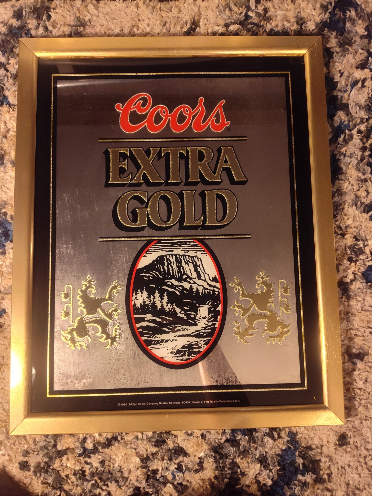 1986 COORS MIRROR Extra GOLD Beer BAR Mirror Gold 2 Lions Framed 21" x 17"