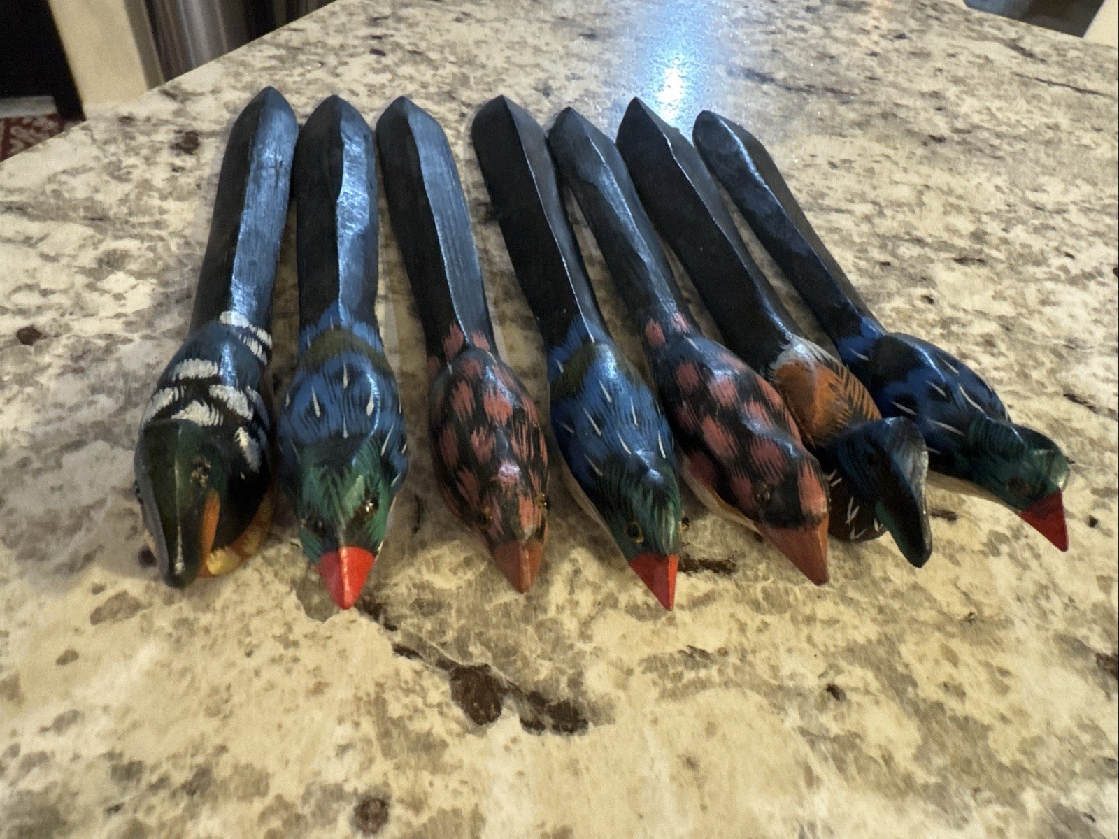 7 Vintage  Hand Carved Wood Blue Jay Pheasant Duck 8” Hand Painted Letter Opener