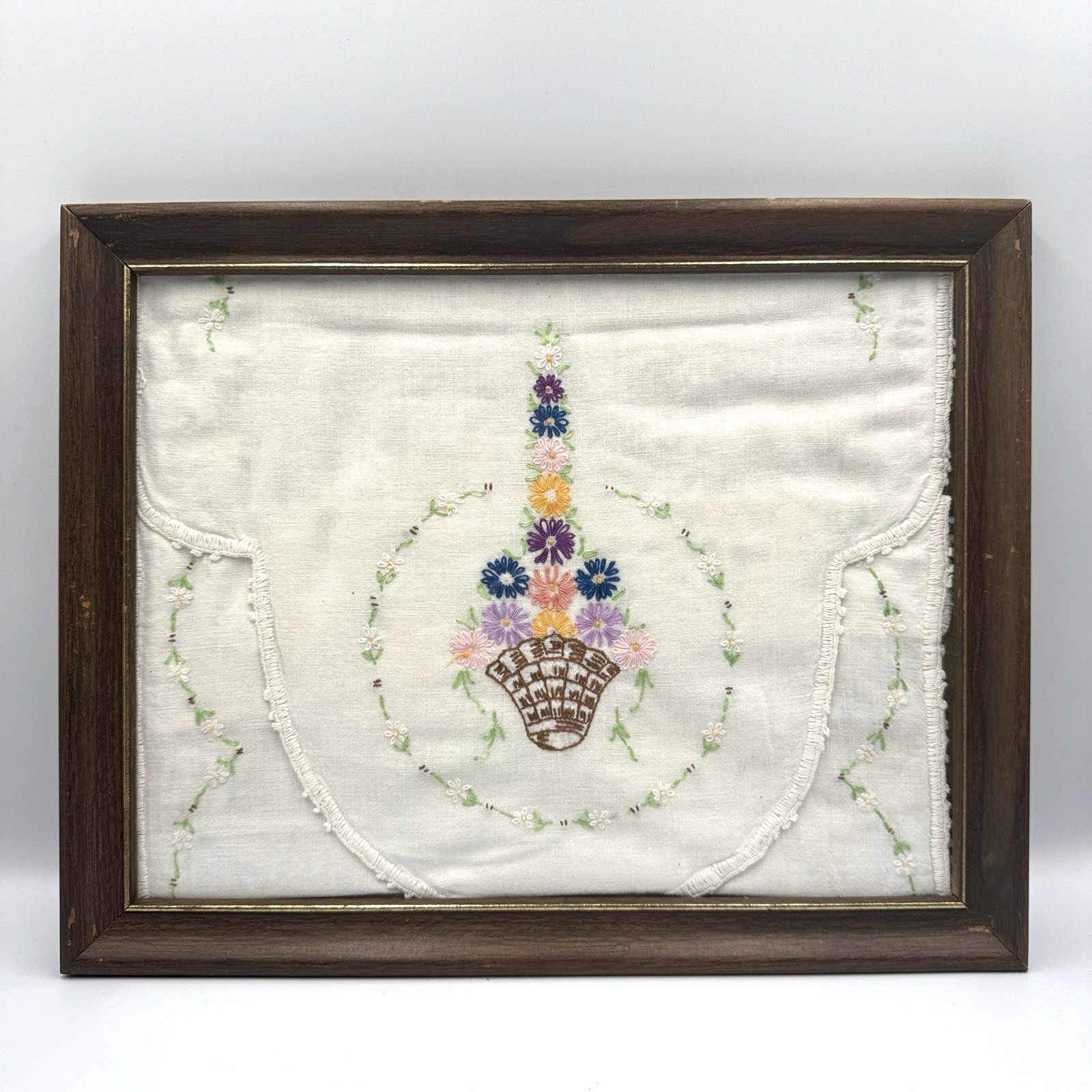 Vintage Embroidered Linen Framed Floral Basket Textile Folk Art 14.5x11.5 Vintage Embroidered Linen Framed Floral Basket Textile Folk Art 14.5x11.5