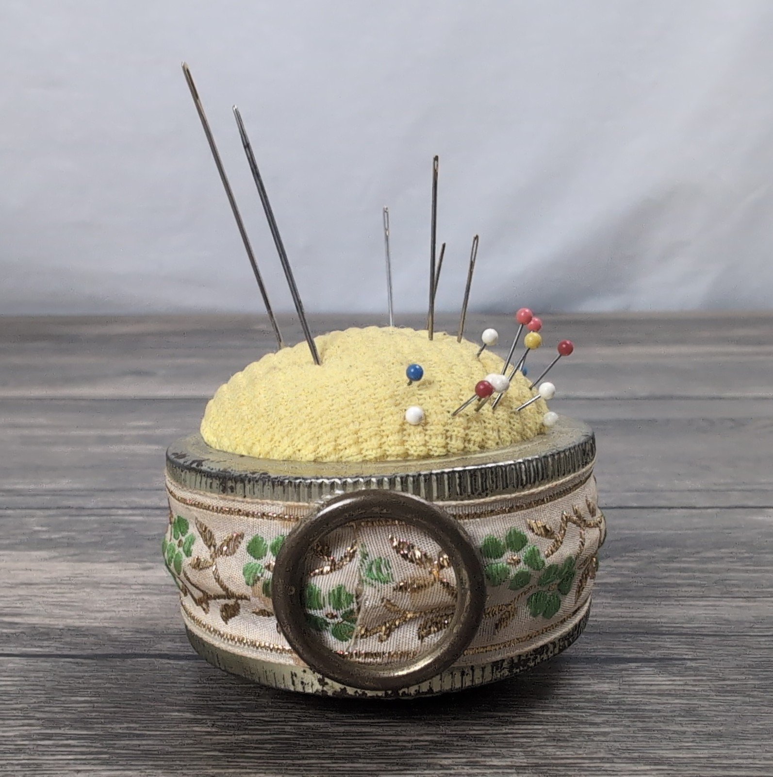 VTG 1930s Canary Yellow Pin Cushion Floral Band Includes Needles Pins 3" Sewing 