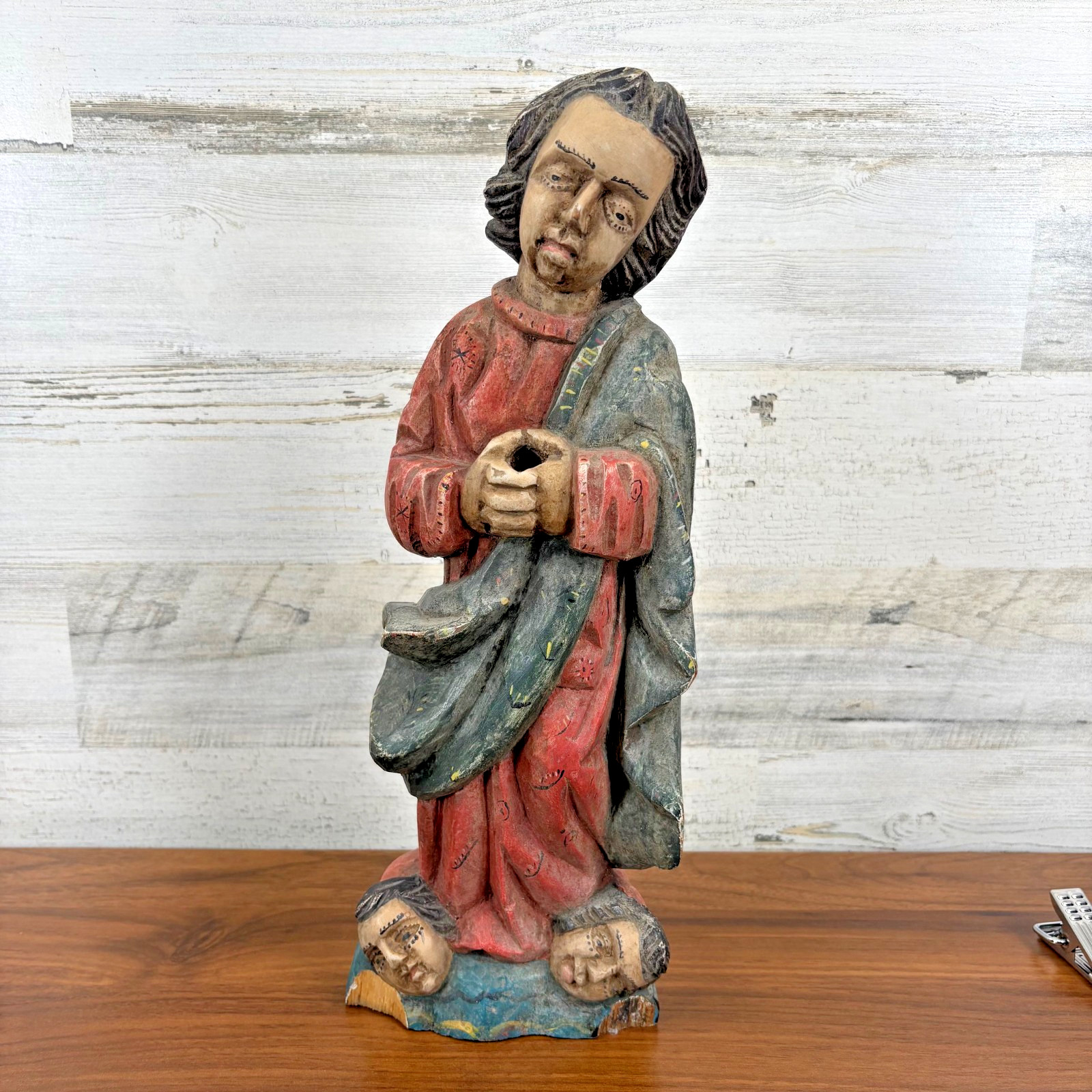 Antique St. John the Evangelist Polychrome Carved Wood Statue 18th Century 15" Antique St. John the Evangelist Polychrome Carved Wood Statue 18th Century 15"