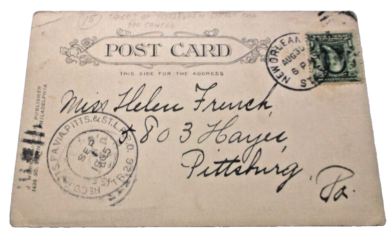 AUGUST  1905 PRR PENNSYLVANIA RAILROAD PITTSBURGH & ST. LOUIS #26 RPO POST CARD