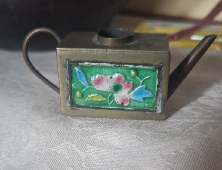Antique Chinese Enamel Cloisonne Miniature Brass Teapot