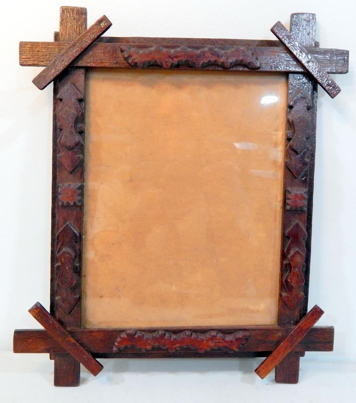 Antique Multi-Layered 14" x 12" Tramp Art Picture Frame w/Old Glass Early 1900s