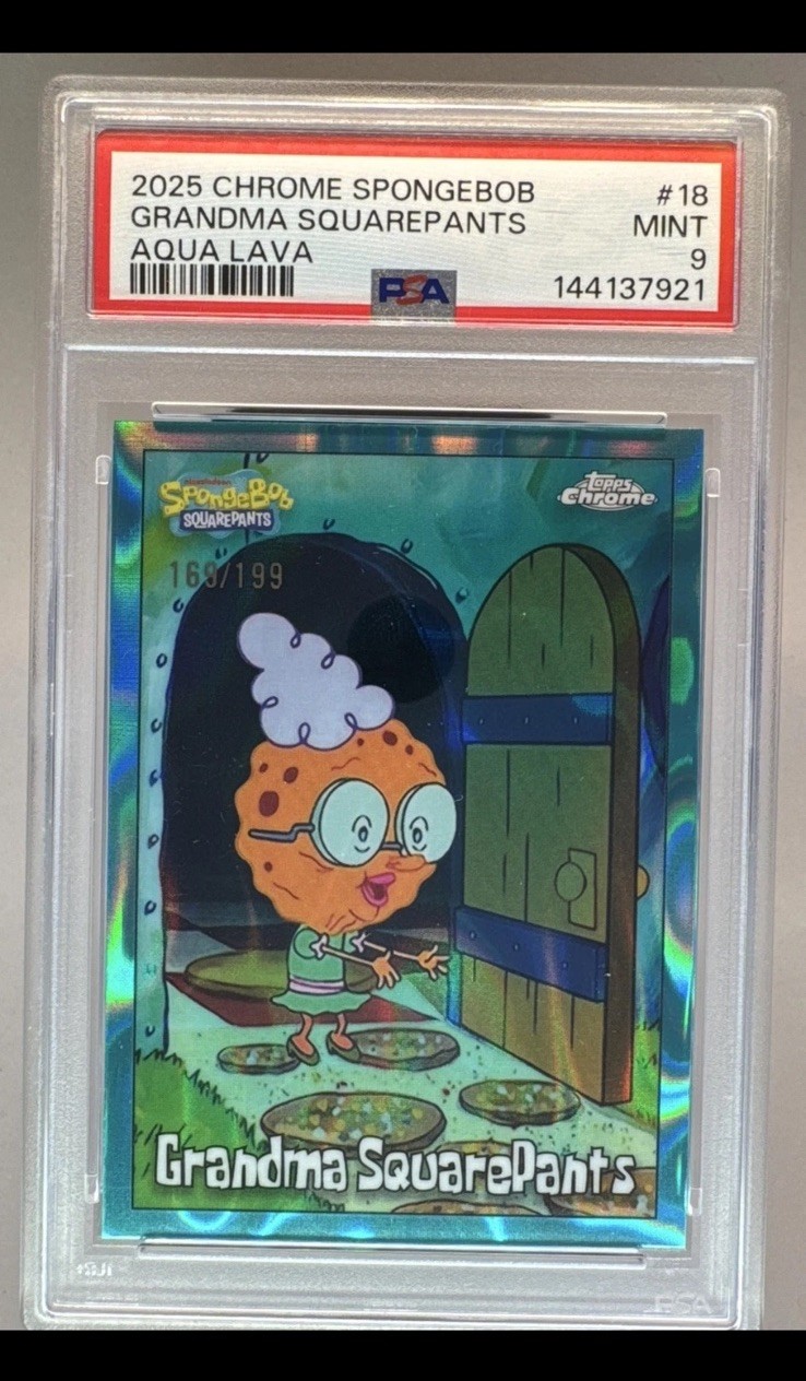 2025 Topps Chrome SpongeBob #18 Grandma SquarePants Aqua Lava /199 PSA 9
