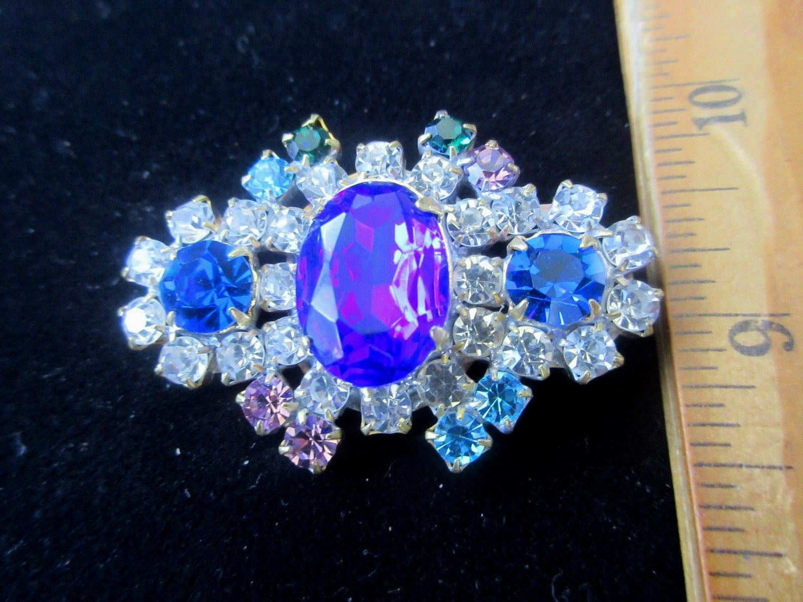 Outstanding  Czech Vintage Glass Rhinestone Button  Blue & Crystal & Rainbow