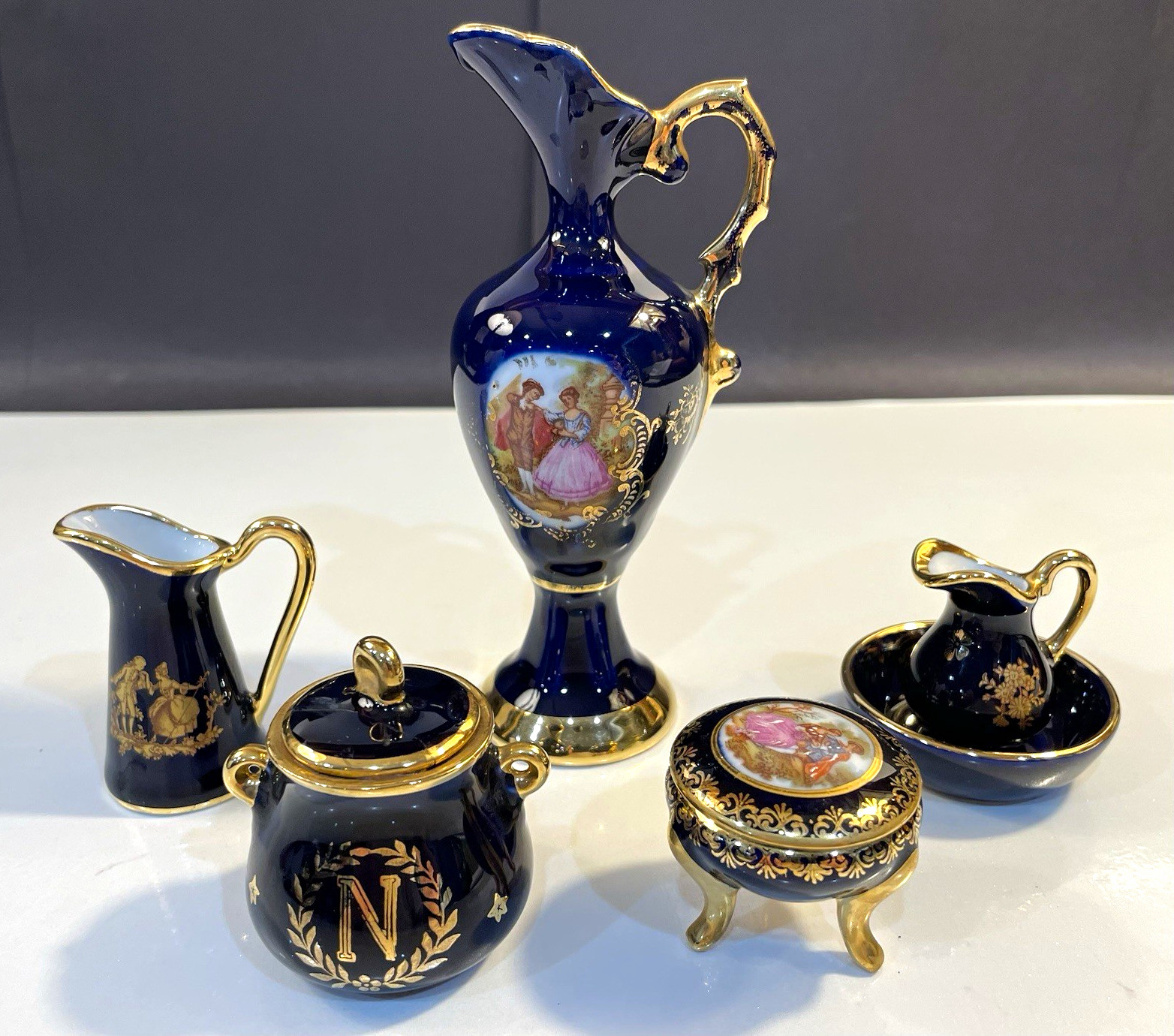 Vintage Limoges France Cobalt Blue Gold Porcelain Miniature Lot 5-Set F.M. & PL Vintage Limoges France Cobalt Blue Gold Porcelain Miniature Lot 5-Set F.M. & PL