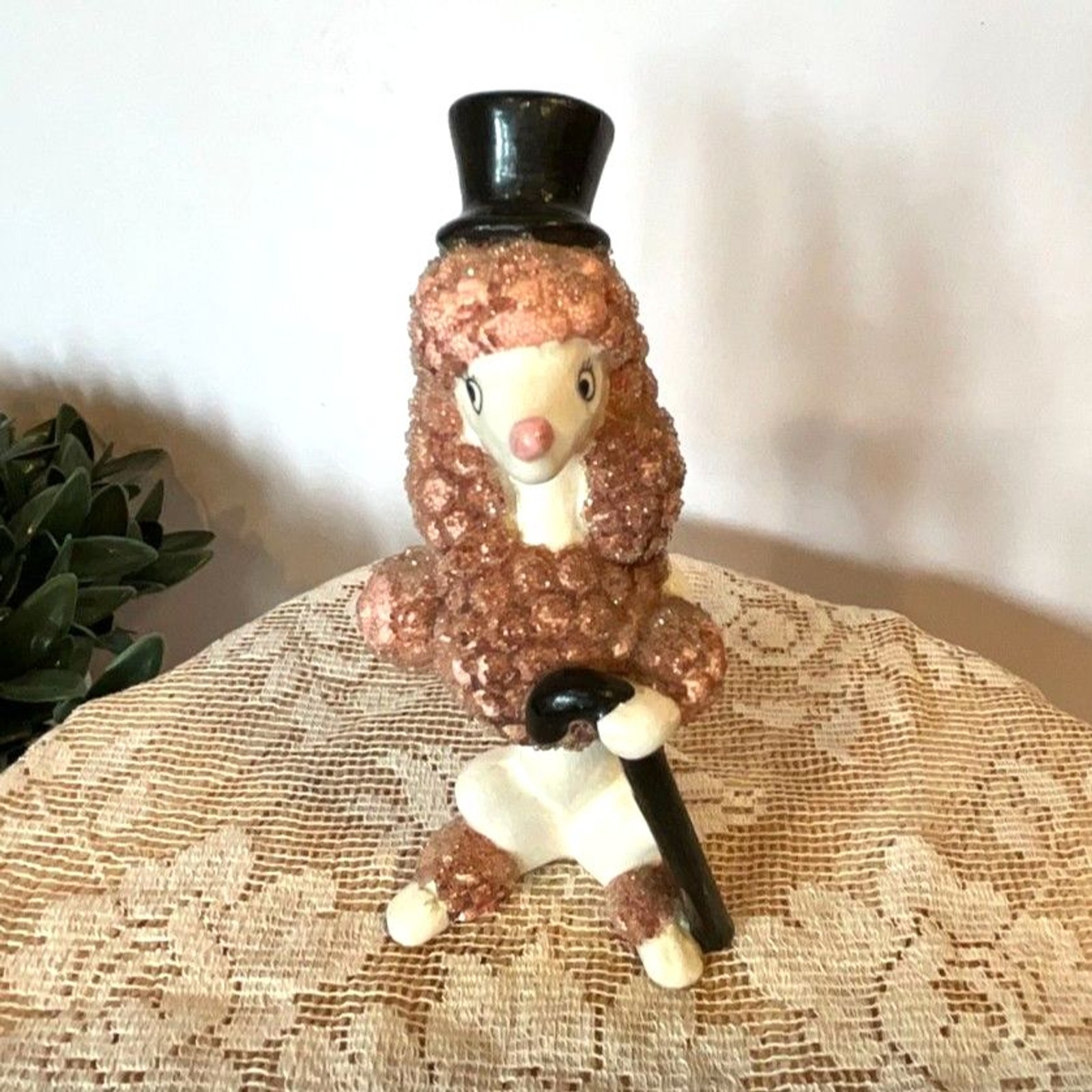 Mid Century Modern Pink and White poodle top hat and cane vintage made in Japan Mid Century Modern Pink and White poodle top hat and cane vintage made in Japan