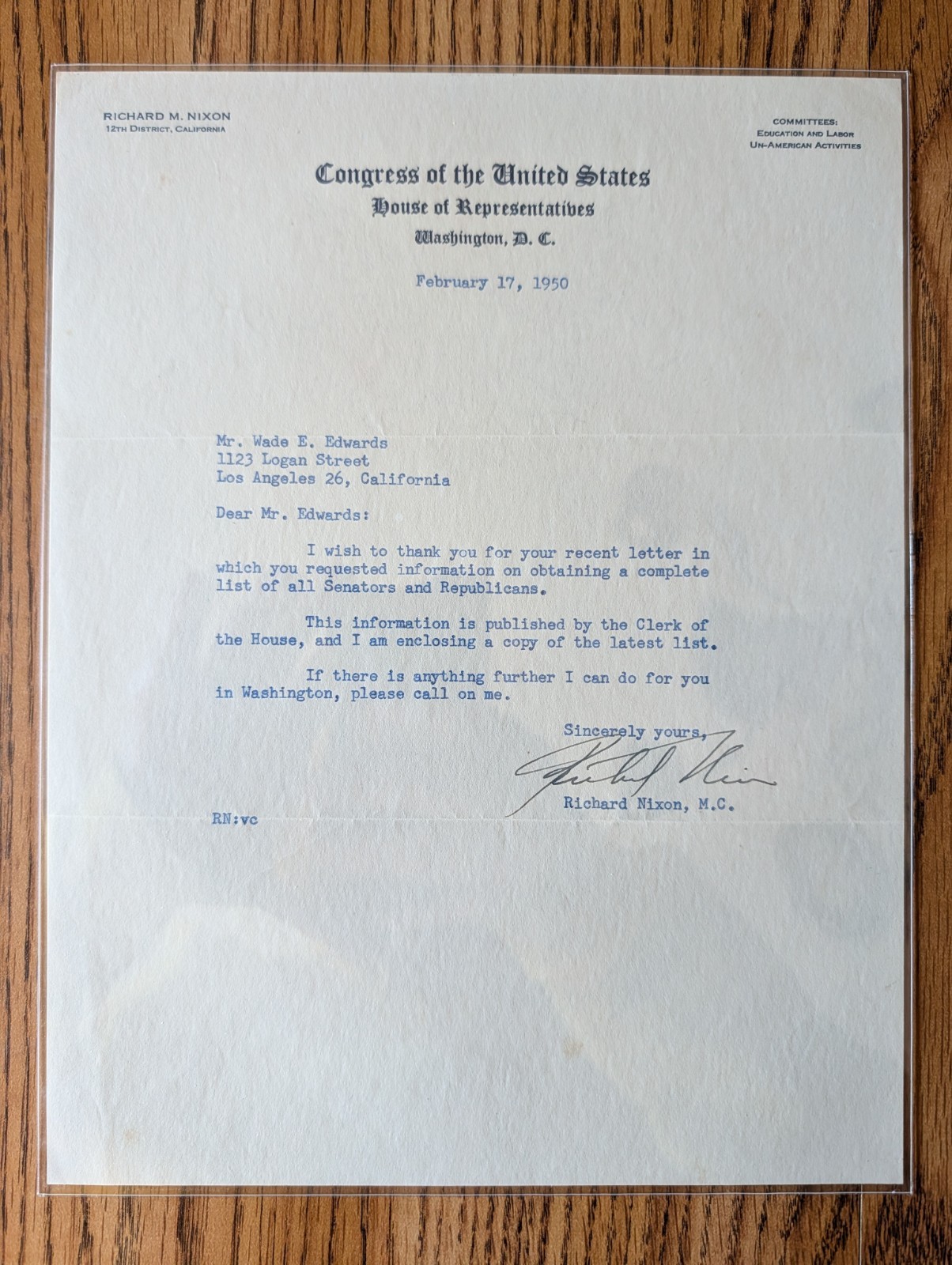 RICHARD NIXON 37th President SIGNED February 1950 Congressional Letter with COA RICHARD NIXON 37th President SIGNED February 1950 Congressional Letter with COA