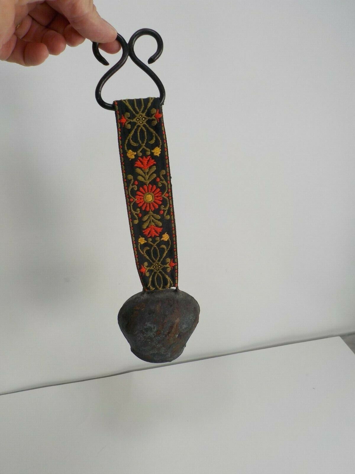 Antique Swiss German Austrian Brass Oxen Cow Bell Embroidered Strap Hand Wrought