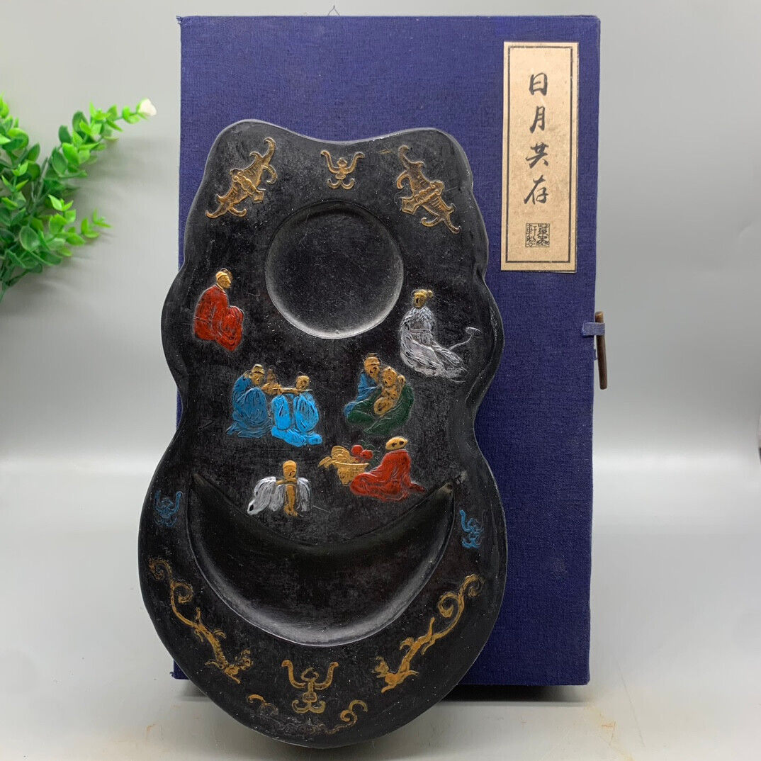 9″ Chinese Ancient huizhou Ink block carved Sun Moon statue Writing Ink Stick