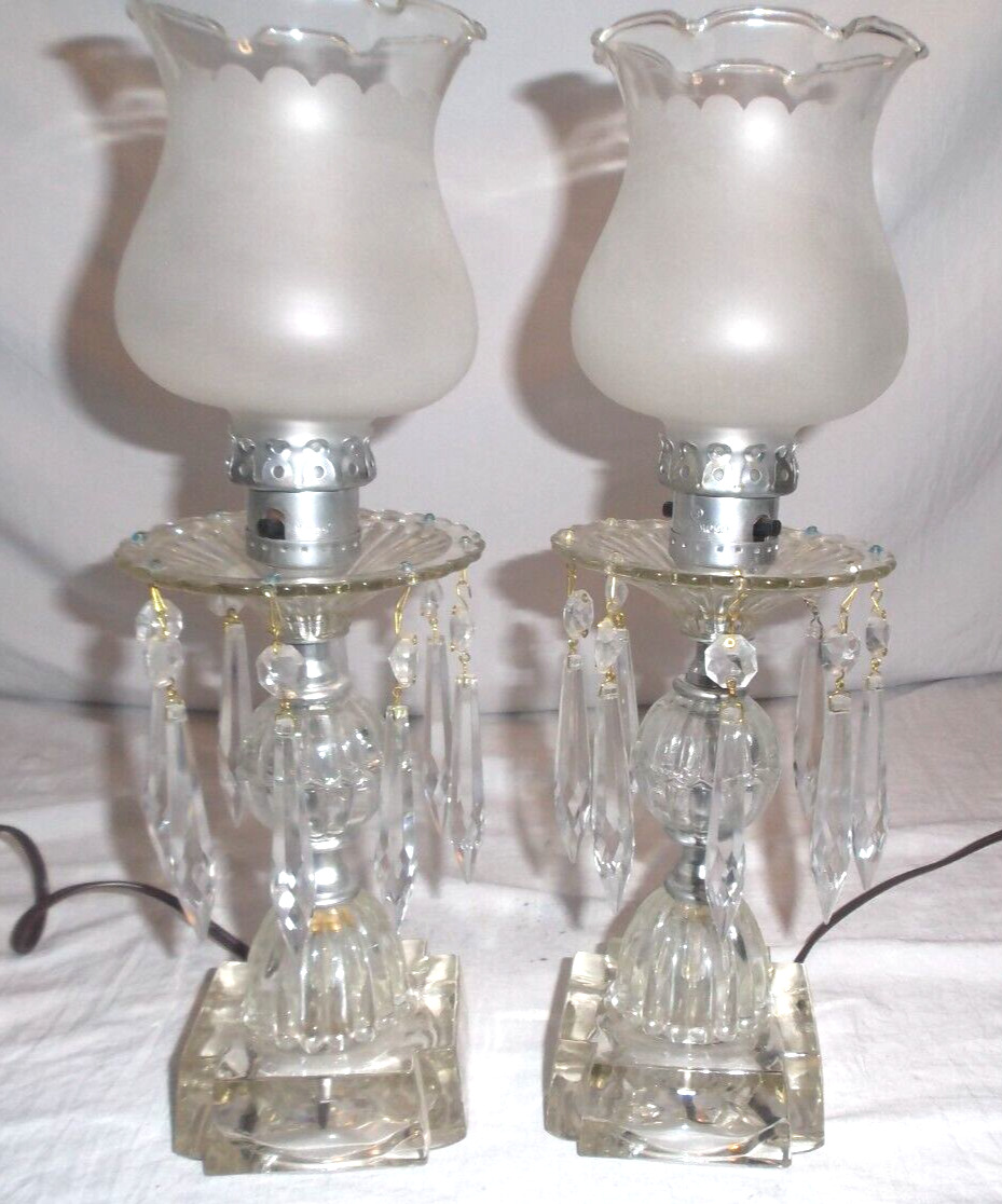 Vintage Pair Hurricane Crystal Boudoir Lamps with Prisms & Frosted Glass Shades