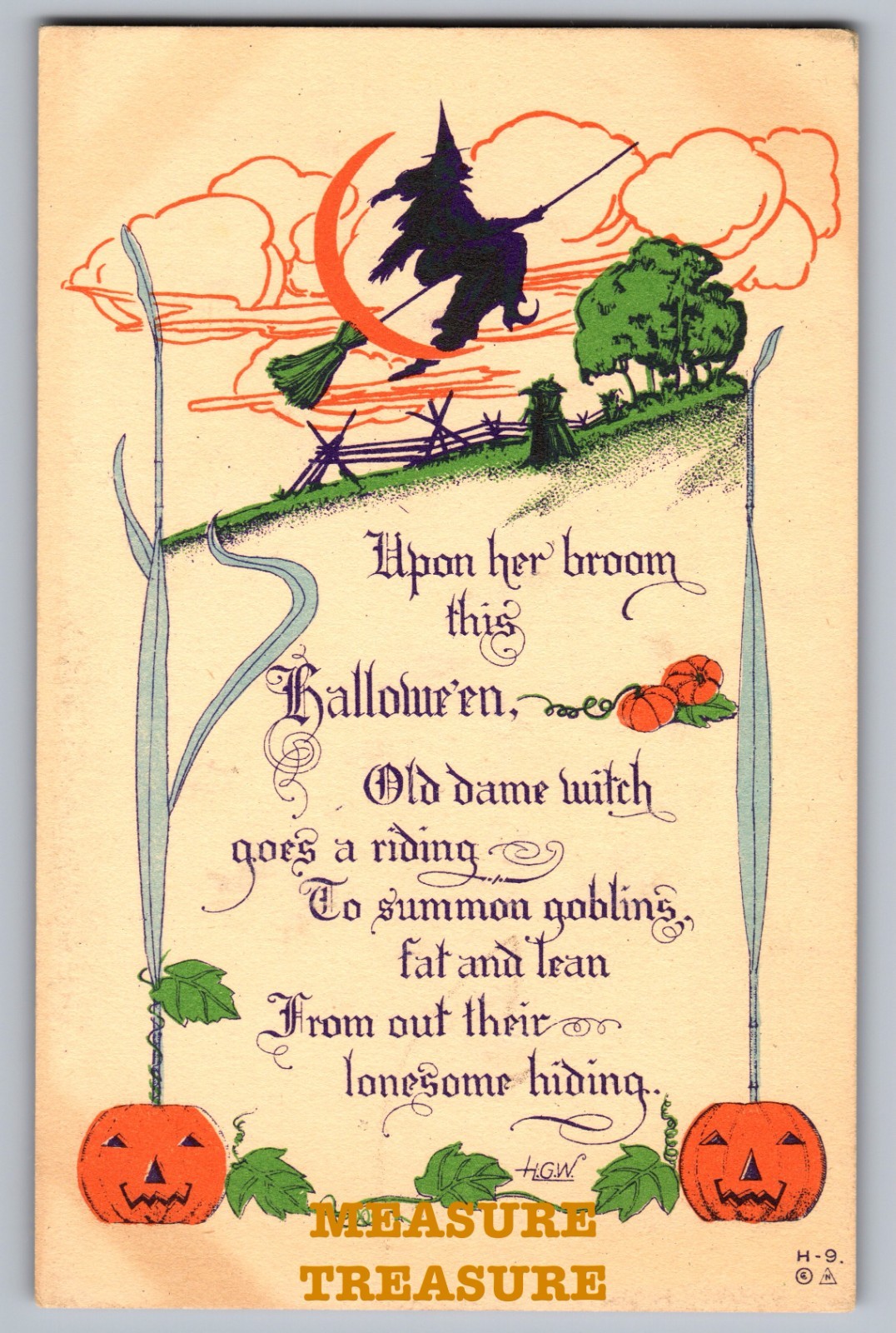 C.1910 HALLOWEEN HGW WITCH JOL GOBLINS ORANGE MOON BROOM PUMPKINS Postcard Q4
