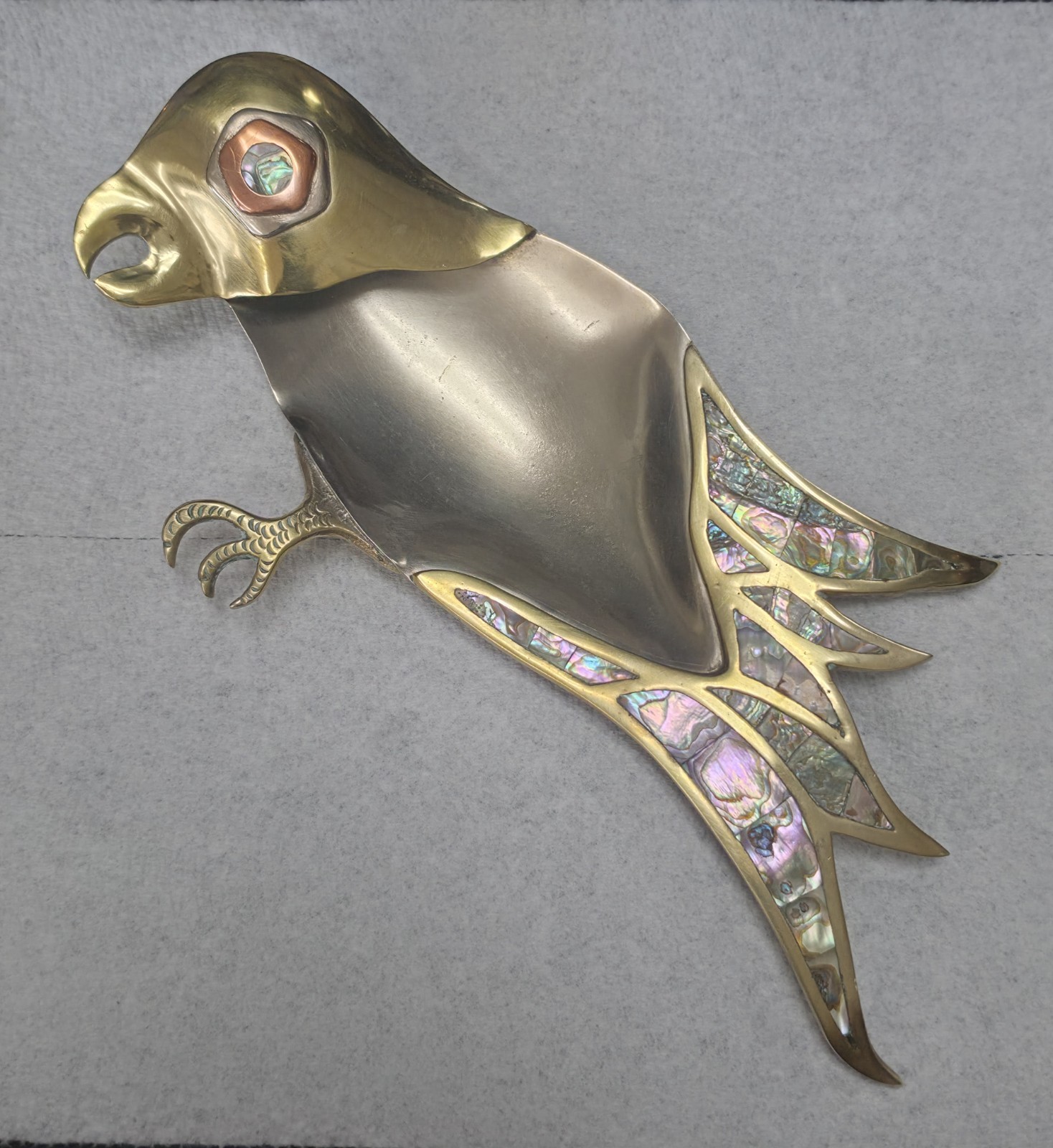 Vintage Mexico Hand Wrought Mixed Metal Mother Of Pearl Bird  Dish 12"