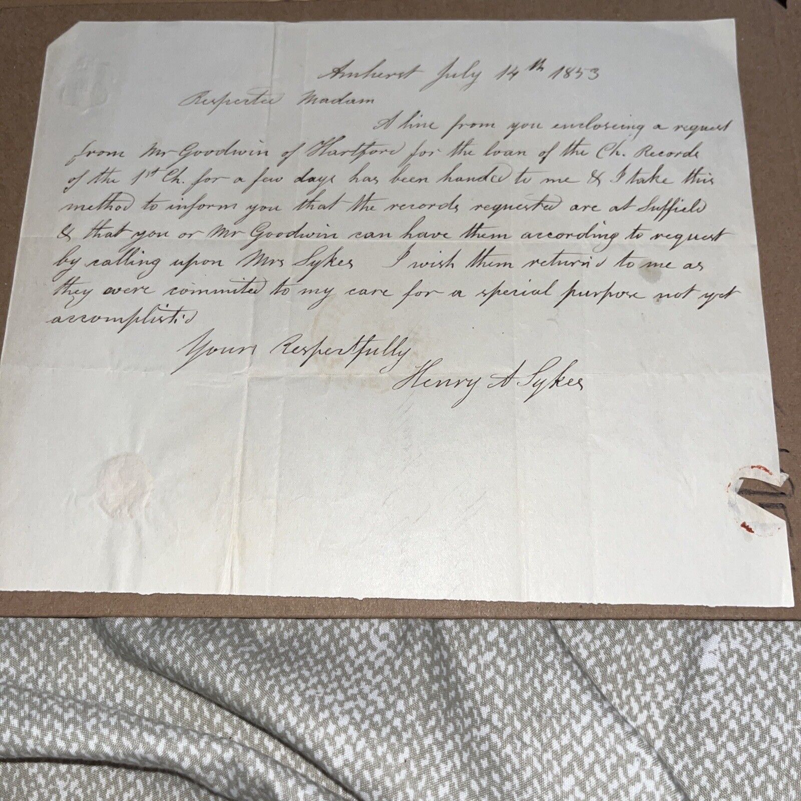 1853 Suffield CT Genealogy Letter Written by Amherst College Building Architect