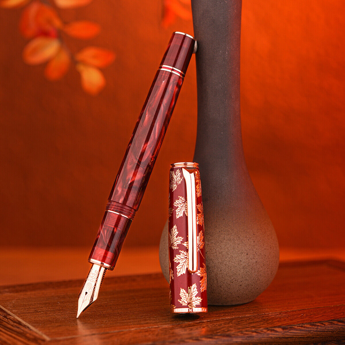 New Hongdian N8 Red Acrylic Resin Fountain Pen EF/F/M Nib Maple Leaf Carving Cap