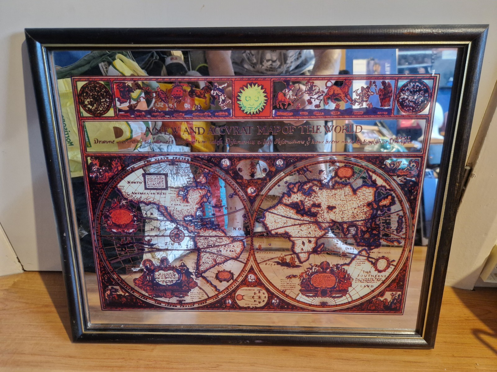 Vintage John Speed 1626 Double Hemisphere New Accurat Map World Pub Mirror 21x17