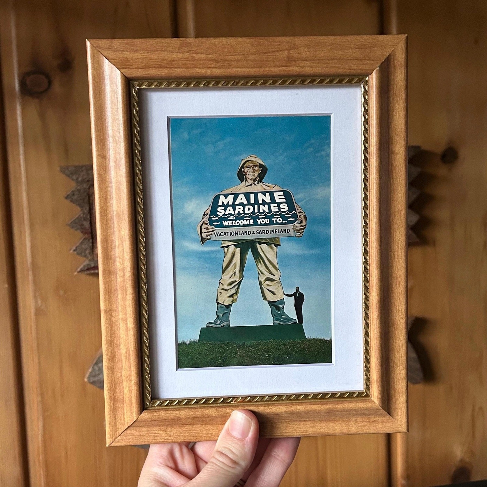 Vintage 1960s Maine Sardines Fisherman Postcard Framed Authentic Vacationland ME Vintage 1960s Maine Sardines Fisherman Postcard Framed Authentic Vacationland ME