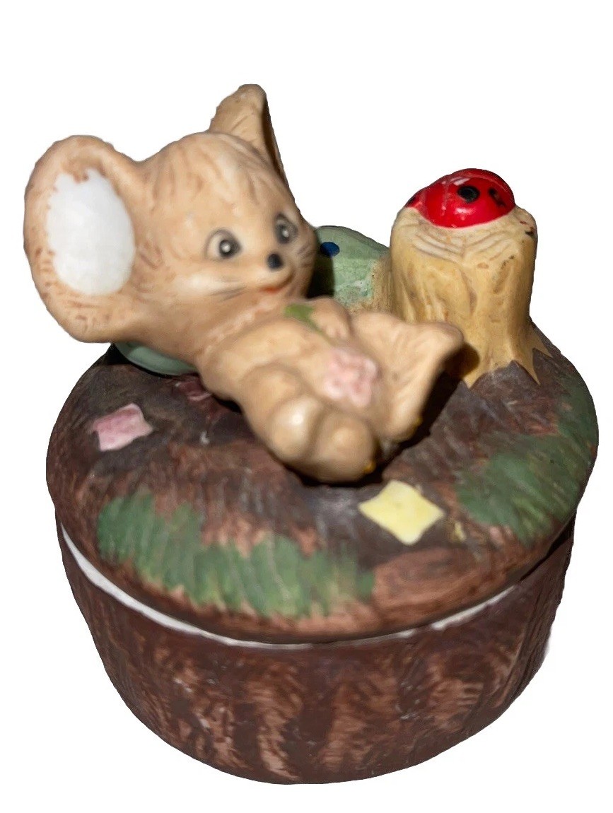 Cute Vintage Woodland Animal Mouse Mushroom Lady Big Trinket Boxes - 3” 