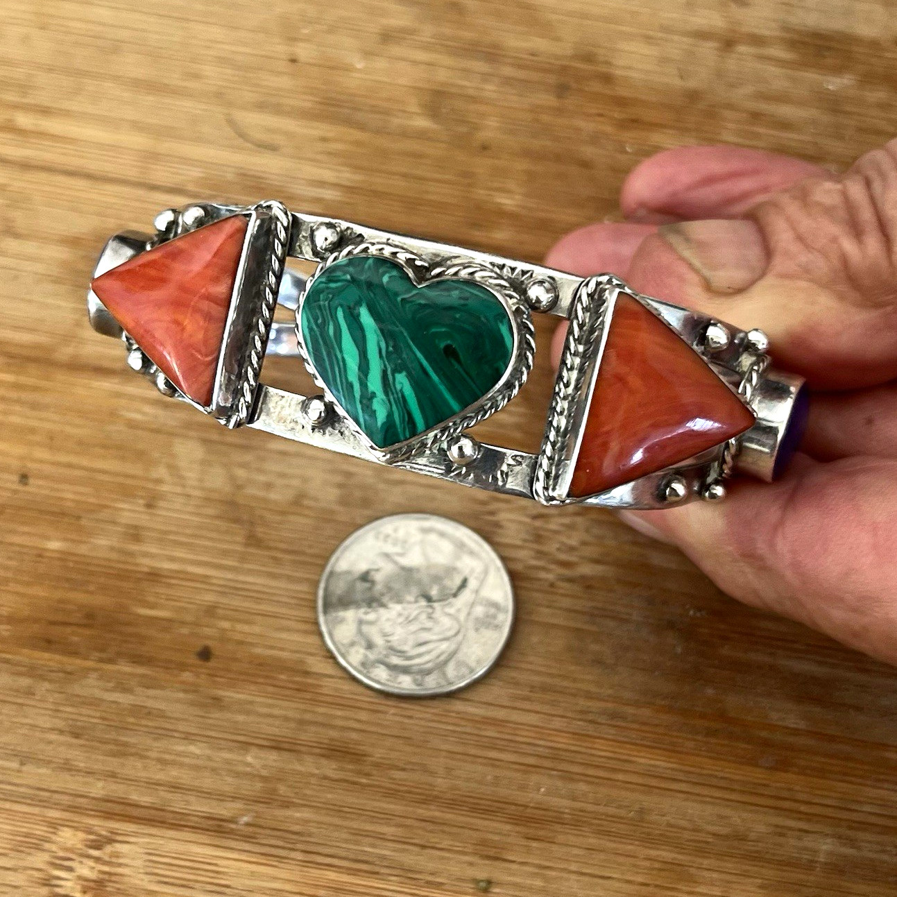 Taxco Mx Sterling Silver 925 Cuff Bracelet green malachite, lapis lazuli & coral Taxco Mx Sterling Silver 925 Cuff Bracelet green malachite, lapis lazuli & coral