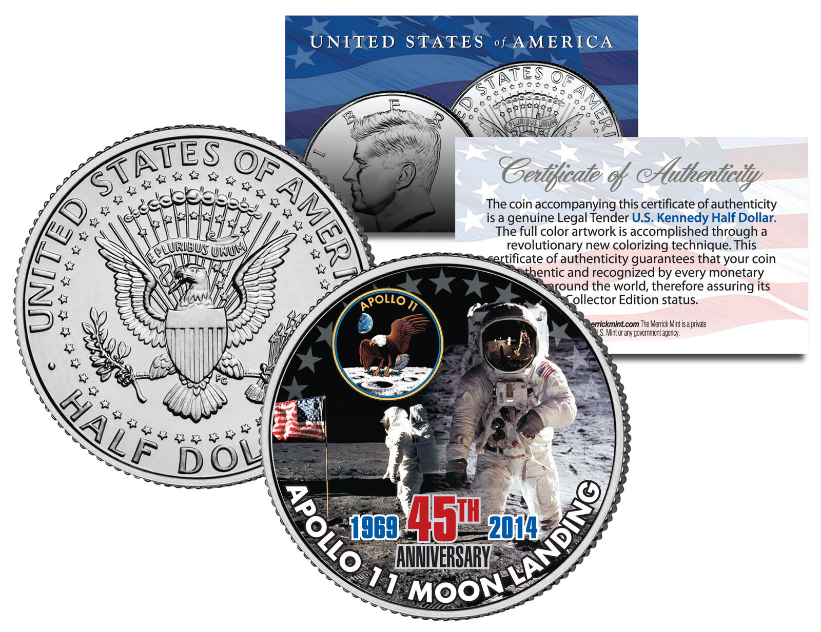 APOLLO 11 MOON LANDING *45th Anniversary* Colorized JFK Half Dollar US Coin NASA