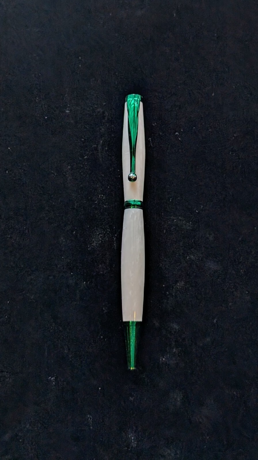 Slimline Handmade Ball Point Twist Pen - White Inlace Acrylester w Green Trim