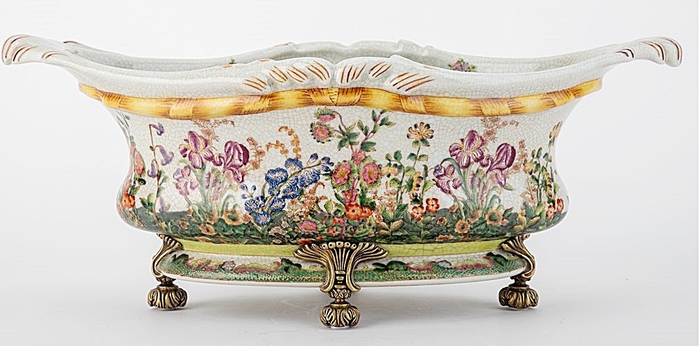 Colorful Porcelain Elongated Planter/Basin.Hand Painted.Bronze Accents-19"L Colorful Porcelain Elongated Planter/Basin.Hand Painted.Bronze Accents-19"L