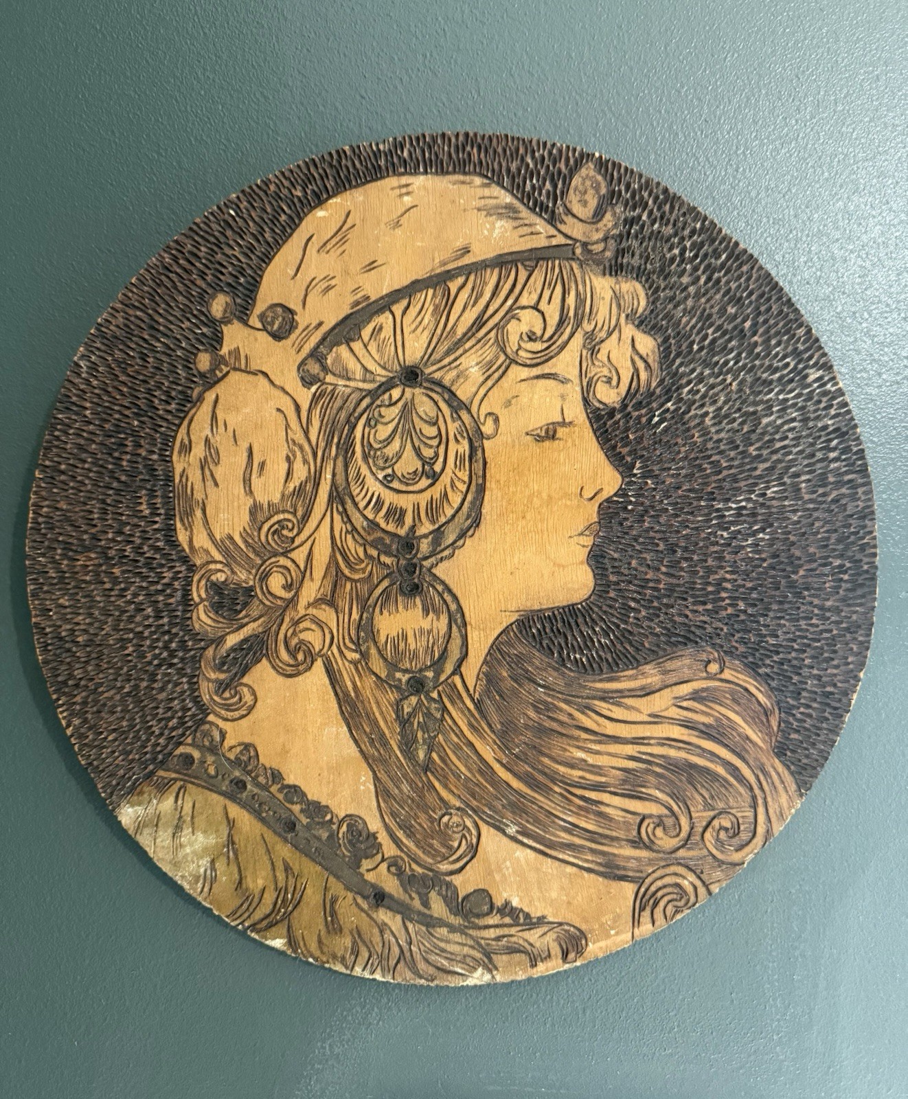 Vintage Pyrography Wood Burned Lady Portrait Wall Plaque 13.5” Art Nouveau