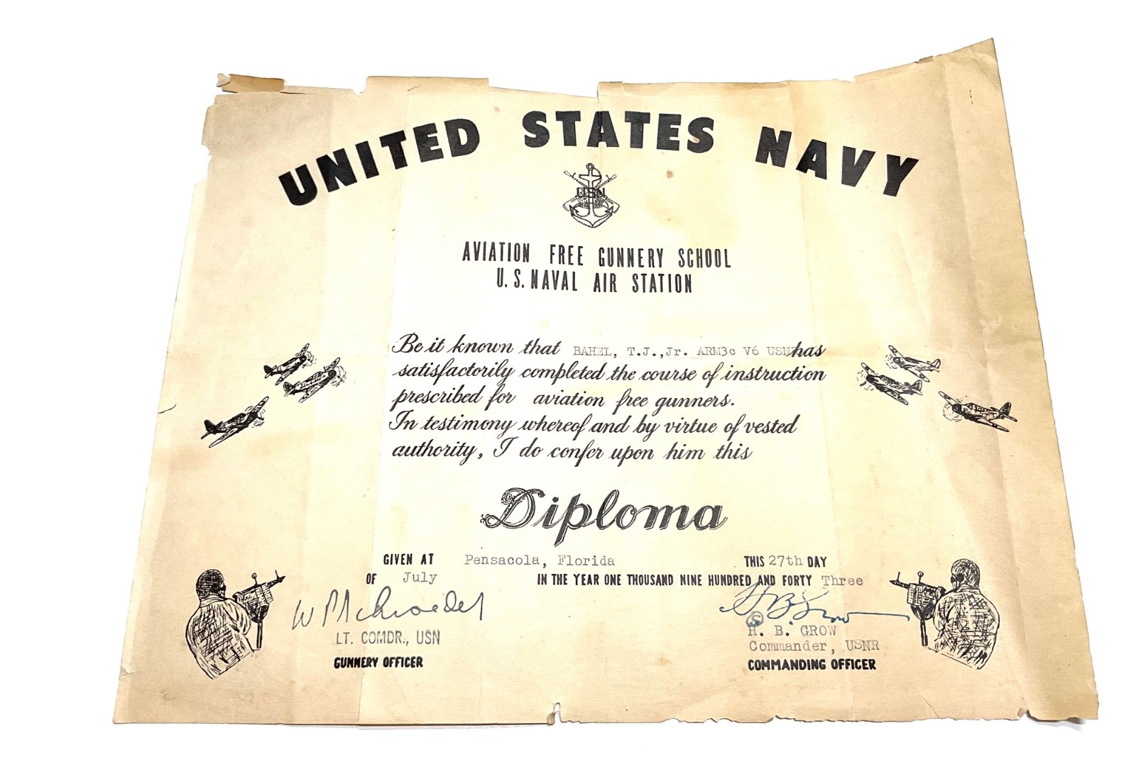 1943 WWII US Navy Aviation Free Gunnery School Diploma Pensacola Air Gunner 1943 WWII US Navy Aviation Free Gunnery School Diploma Pensacola Air Gunner