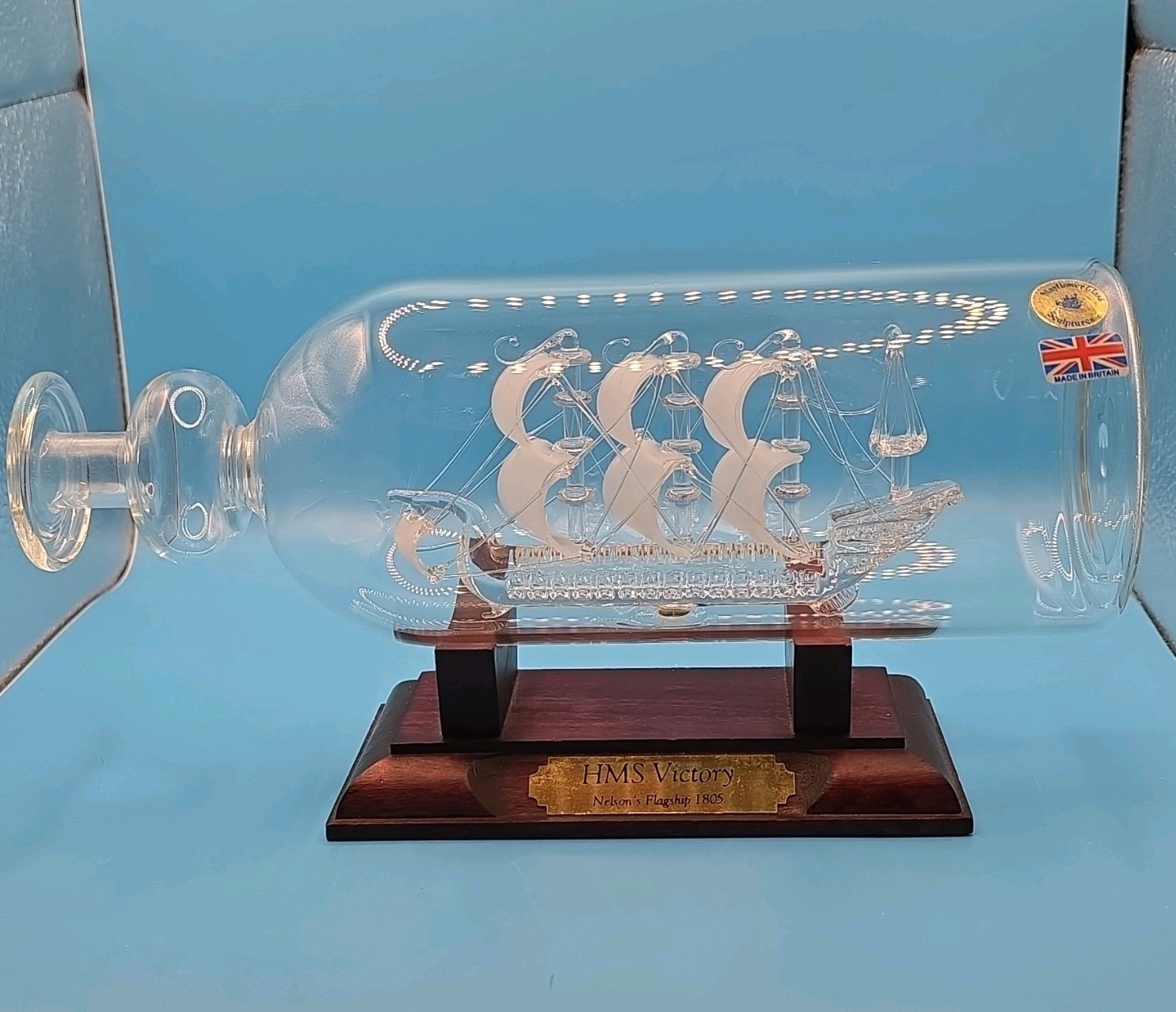 Vintage HMS Victory Nelson's Flagship 1805 Glass Ship In Bottle W/Original Stand Vintage HMS Victory Nelson's Flagship 1805 Glass Ship In Bottle W/Original Stand