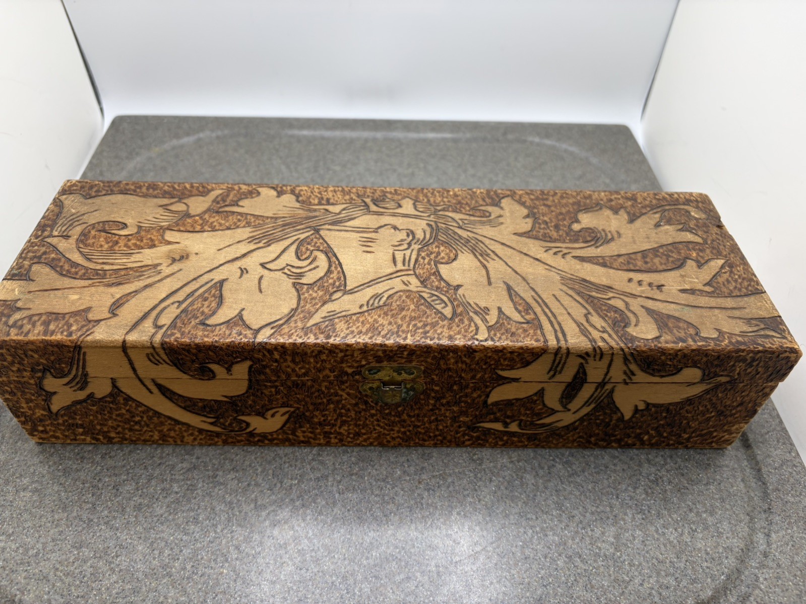 Vintage Pyrography Hinged Box With Blue Clothe Interior. Dated March 21 1909 Vintage Pyrography Hinged Box With Blue Clothe Interior. Dated March 21 1909