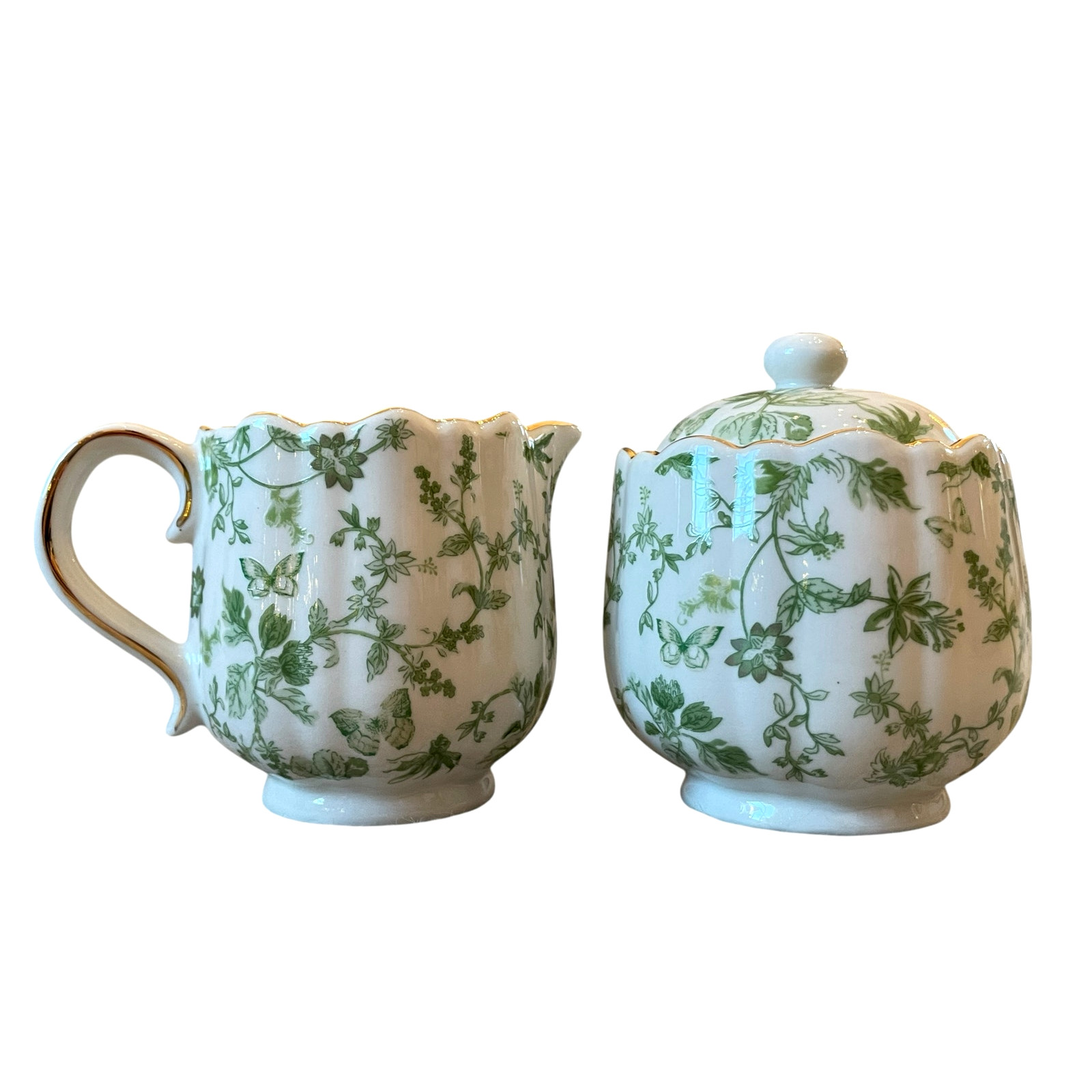 Grace Teaware Fine Porcelain Creamer & Sugar Bowl Green & White Floral New Grace Teaware Fine Porcelain Creamer & Sugar Bowl Green & White Floral New