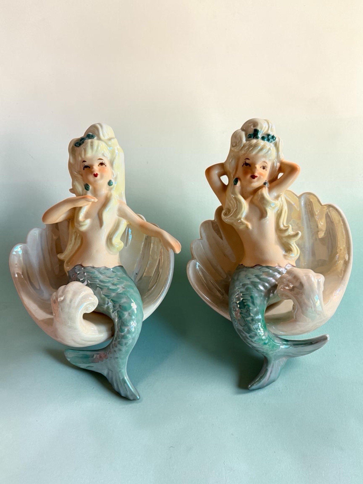 Vintage LEFTON Ceramic Mermaid Wall Plaques Set Of 2 🌴 Beautiful 🐚✨
