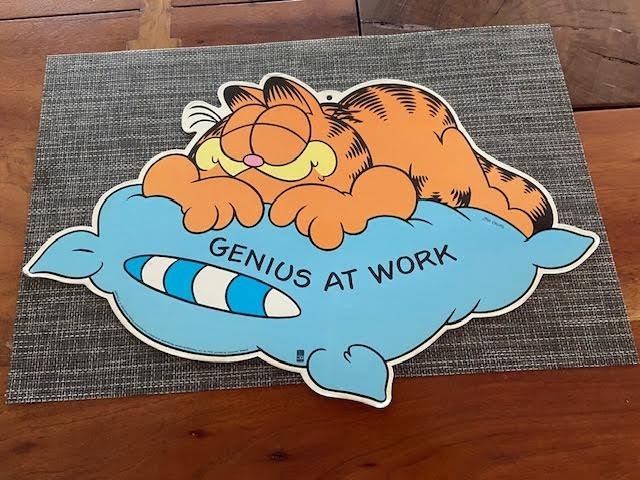 Vtg Garfield Standee Advertising Store Display Header 18x11 Genius at Work Vtg Garfield Standee Advertising Store Display Header 18x11 Genius at Work