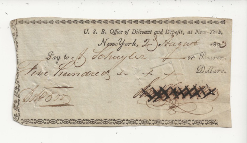 SCARCE ORIGINAL 1803 UNITED STATES NY OFFICE OF DISCOUNT AND DEPOSIT $500 CHECK