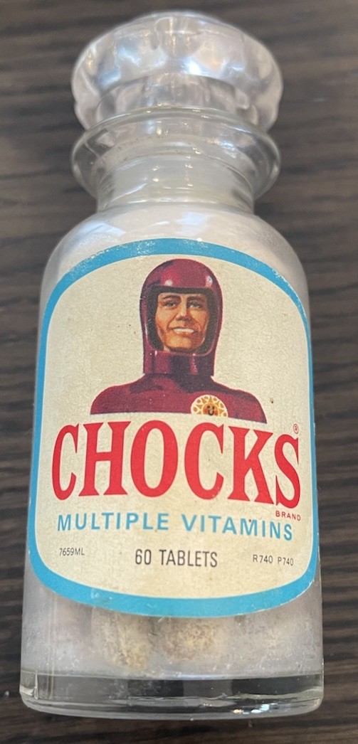 Vintage 1960’s CHOCKS MULTIPLE VITAMINS Glass Bottle W/Contents SUPER RARE Vintage 1960’s CHOCKS MULTIPLE VITAMINS Glass Bottle W/Contents SUPER RARE
