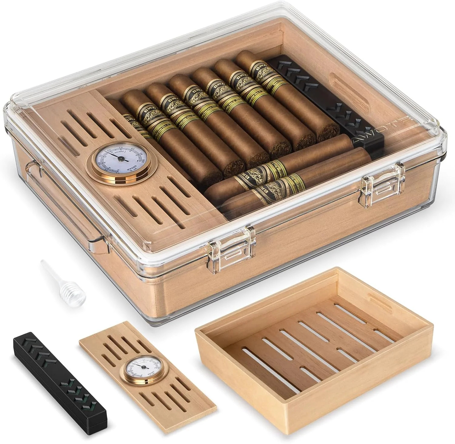 Acrylic Cigar Humidor, Clear Cigar Box with Hygrometer, Humidifier and Cedar Woo Acrylic Cigar Humidor, Clear Cigar Box with Hygrometer, Humidifier and Cedar Woo